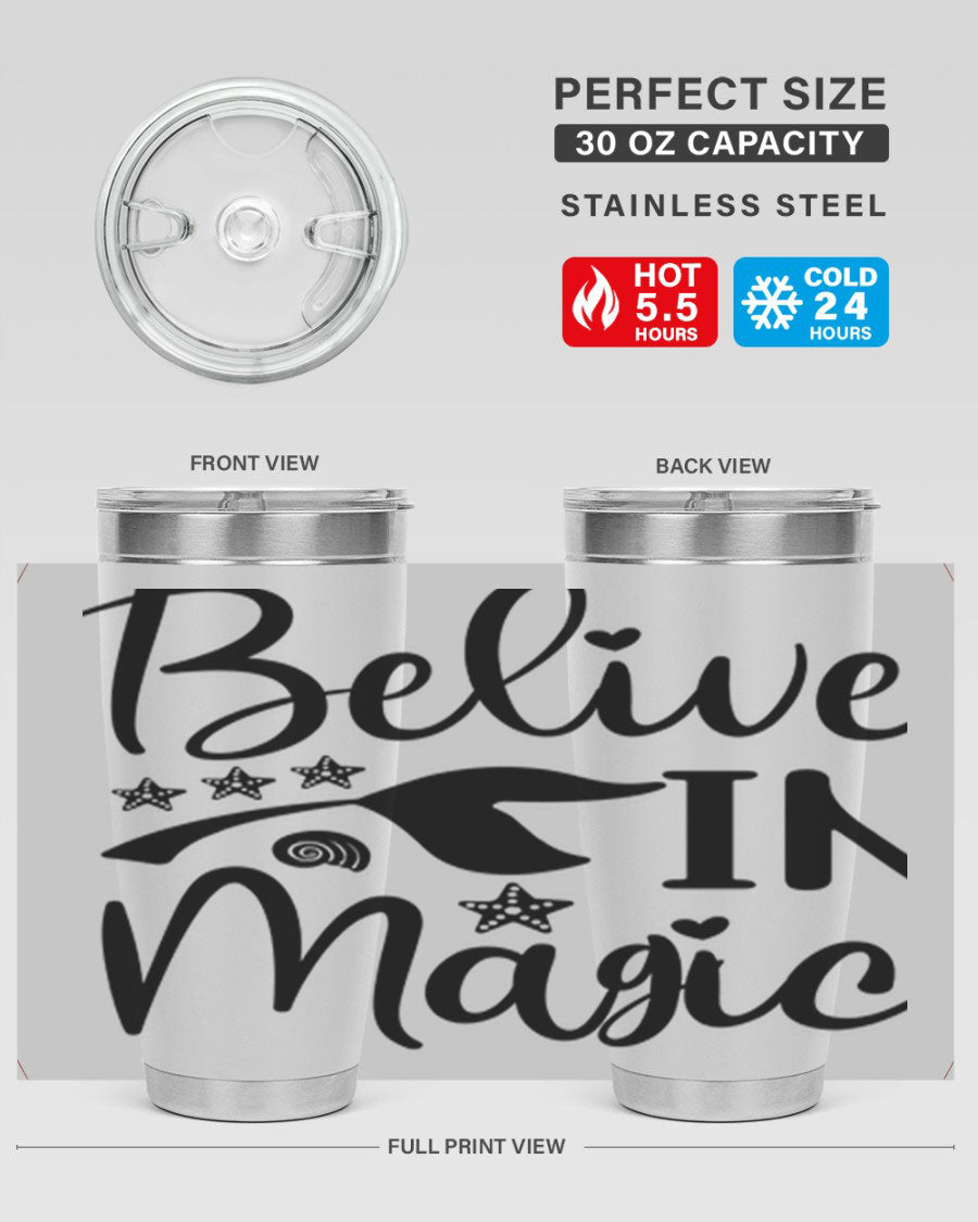 Belive in Magic Design 66# Mermaid Tumbler featuring a vibrant mermaid design, double wall vacuum insulation, and a sleek stainless steel finish.