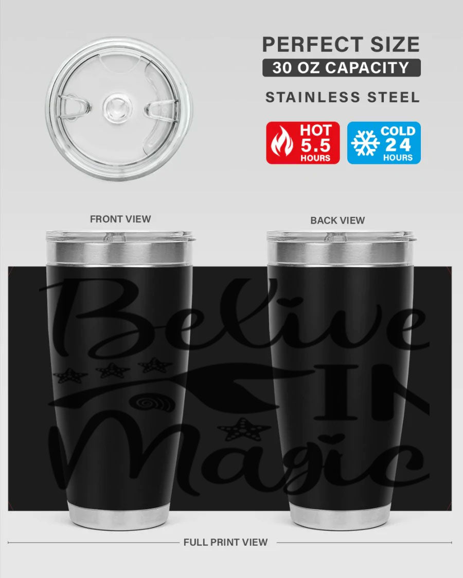 Belive in Magic Design 66# Mermaid Tumbler featuring a vibrant mermaid design, double wall vacuum insulation, and a sleek stainless steel finish.