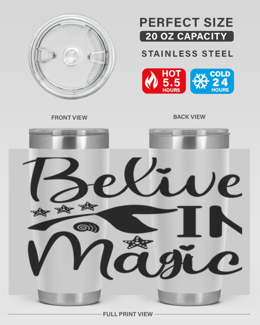 Belive in Magic Design 66# Mermaid Tumbler featuring a vibrant mermaid design, double wall vacuum insulation, and a sleek stainless steel finish.