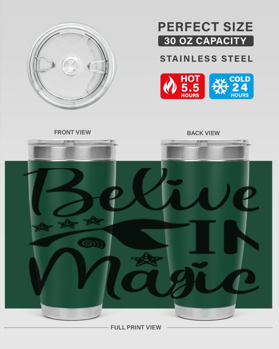 Belive in Magic Design 66# Mermaid Tumbler featuring a vibrant mermaid design, double wall vacuum insulation, and a sleek stainless steel finish.