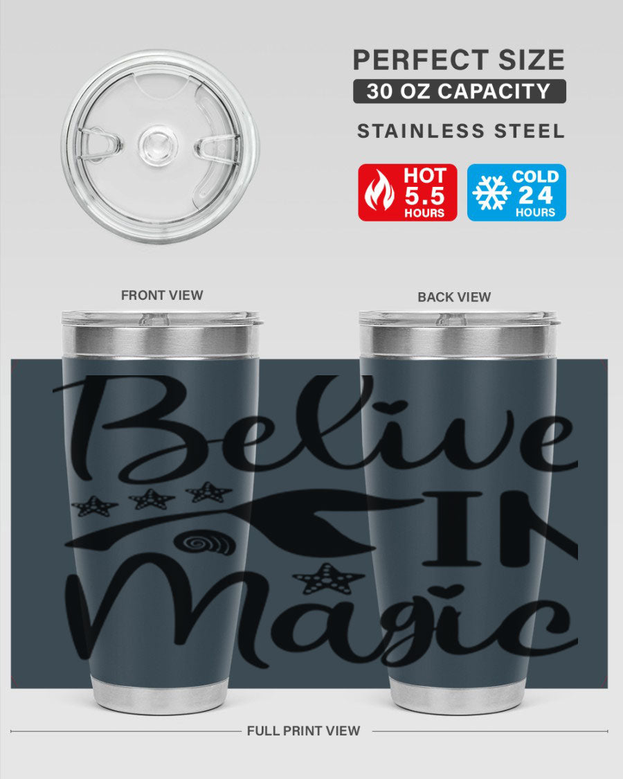 Belive in Magic Design 66# Mermaid Tumbler featuring a vibrant mermaid design, double wall vacuum insulation, and a sleek stainless steel finish.