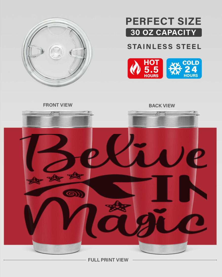 Belive in Magic Design 66# Mermaid Tumbler featuring a vibrant mermaid design, double wall vacuum insulation, and a sleek stainless steel finish.