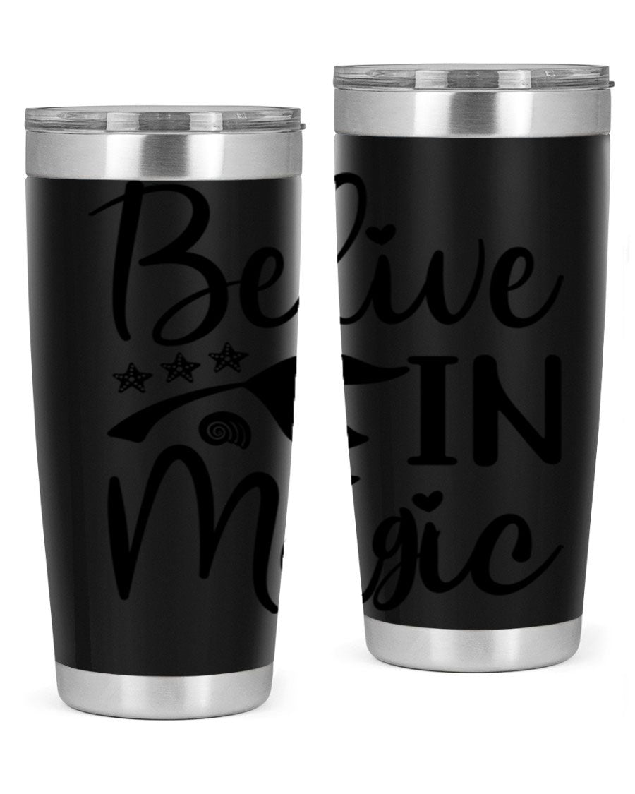 Belive in Magic Design 66# Mermaid Tumbler featuring a vibrant mermaid design, double wall vacuum insulation, and a sleek stainless steel finish.