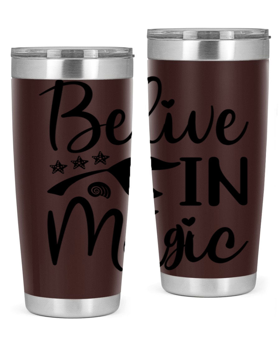 Belive in Magic Design 66# Mermaid Tumbler featuring a vibrant mermaid design, double wall vacuum insulation, and a sleek stainless steel finish.