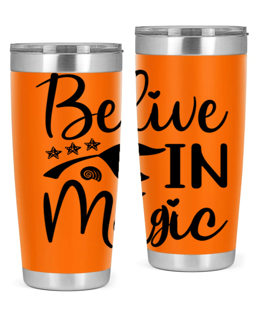 Belive in Magic Design 66# Mermaid Tumbler featuring a vibrant mermaid design, double wall vacuum insulation, and a sleek stainless steel finish.