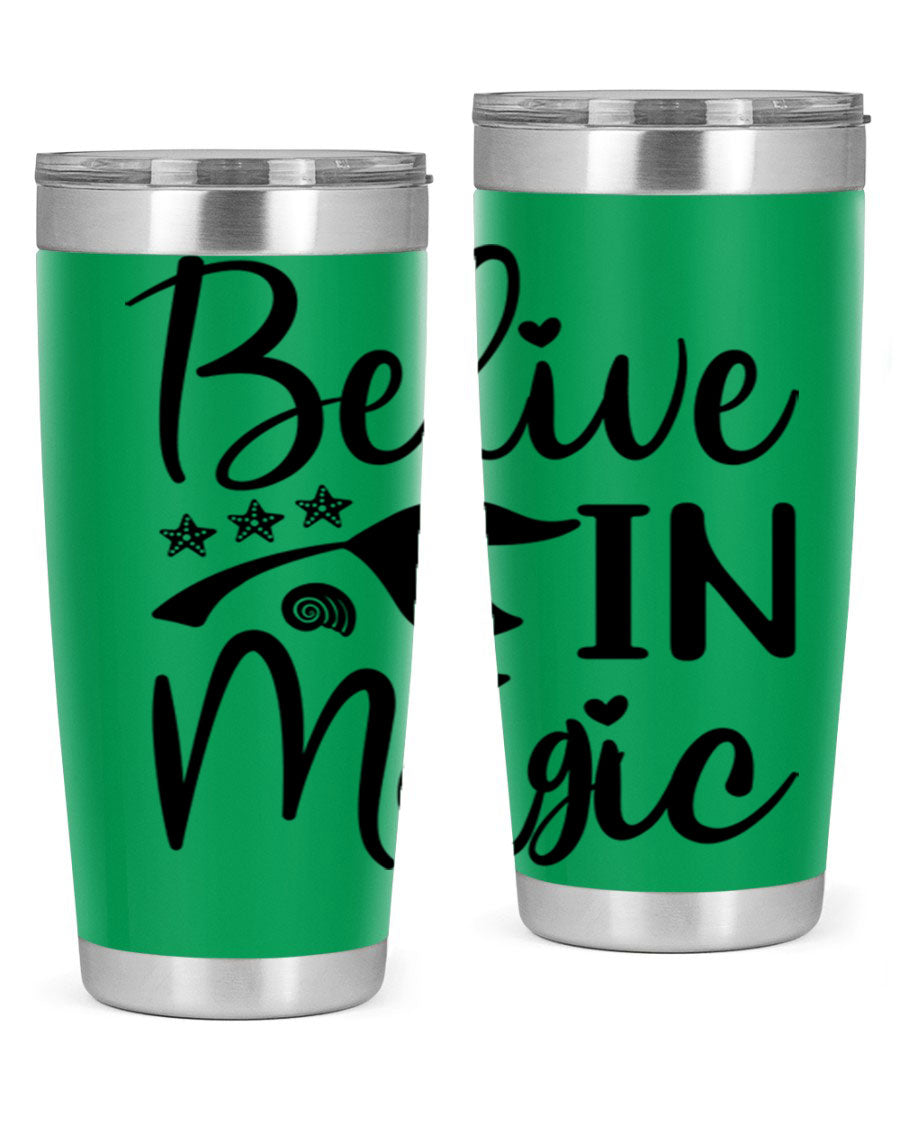 Belive in Magic Design 66# Mermaid Tumbler featuring a vibrant mermaid design, double wall vacuum insulation, and a sleek stainless steel finish.