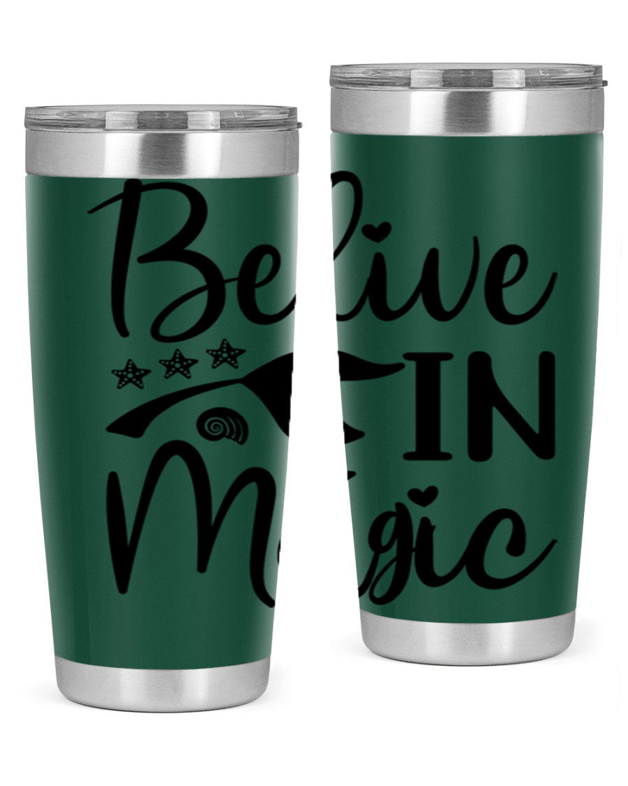 Belive in Magic Design 66# Mermaid Tumbler featuring a vibrant mermaid design, double wall vacuum insulation, and a sleek stainless steel finish.