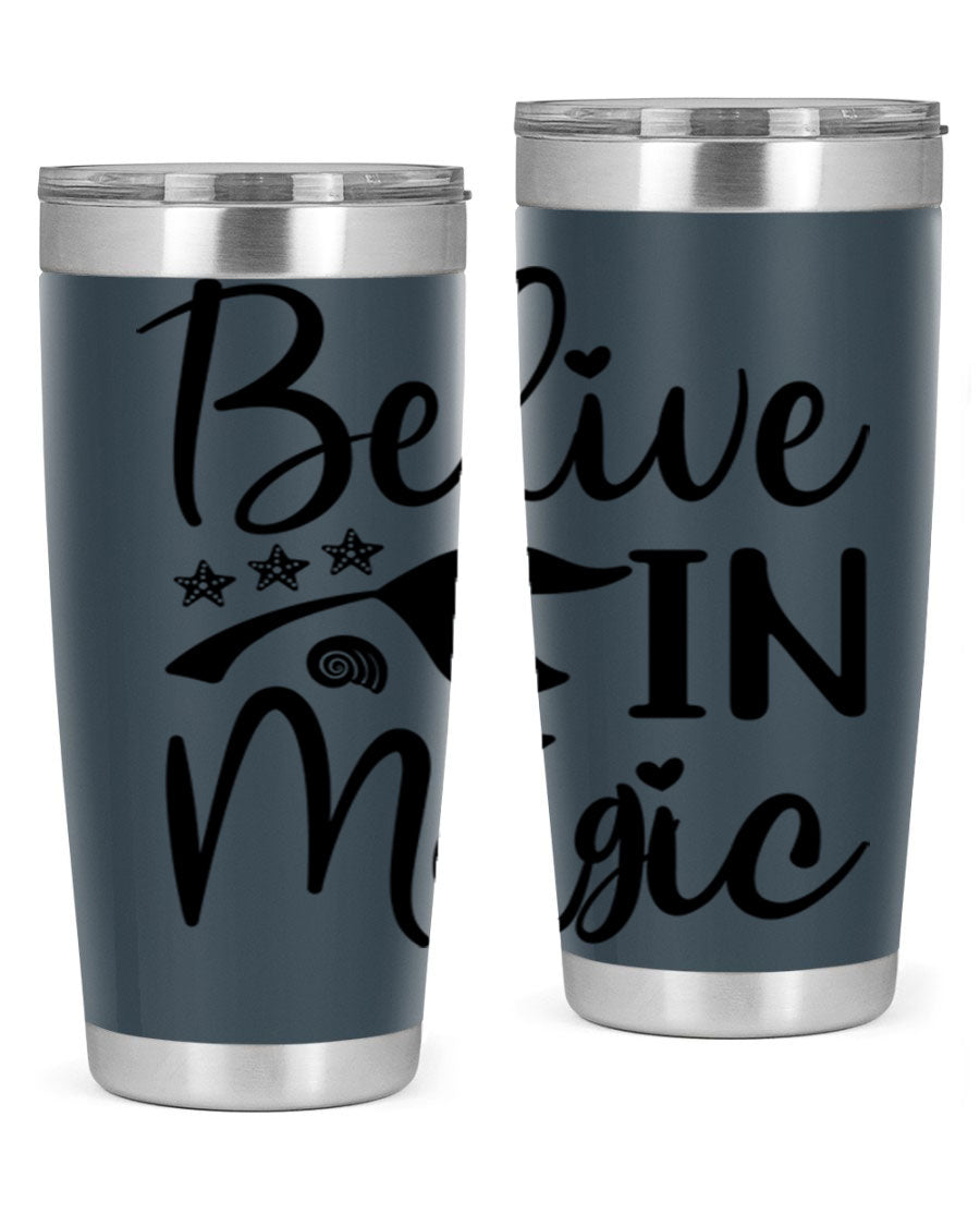 Belive in Magic Design 66# Mermaid Tumbler featuring a vibrant mermaid design, double wall vacuum insulation, and a sleek stainless steel finish.