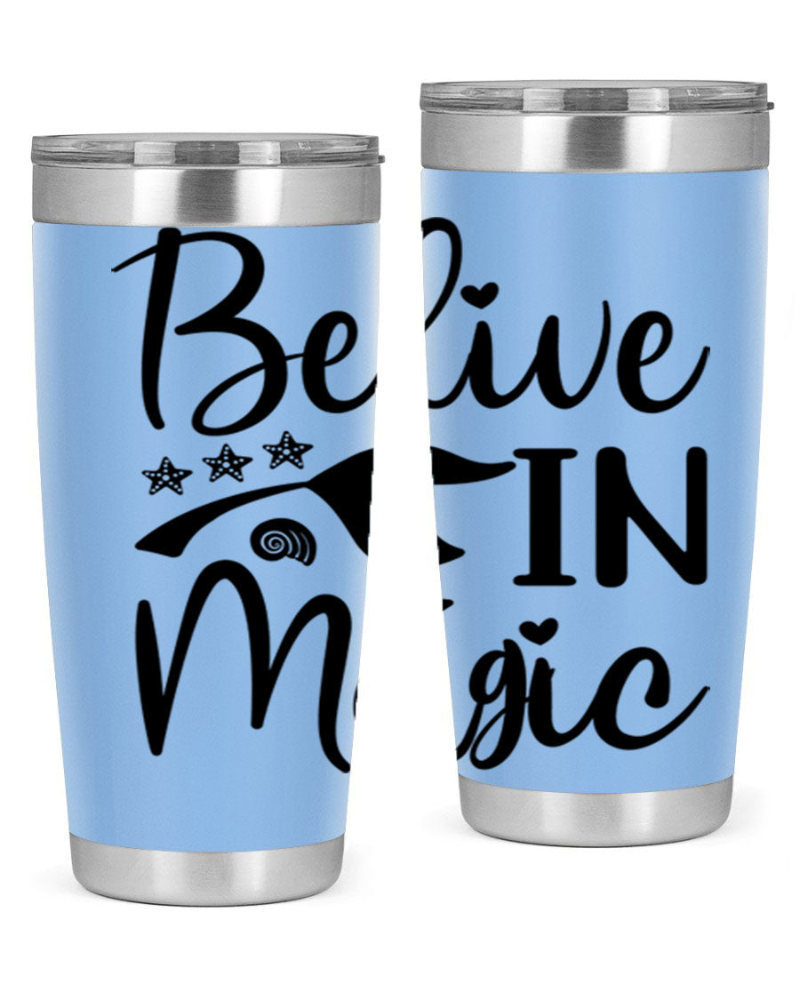 Belive in Magic Design 66# Mermaid Tumbler featuring a vibrant mermaid design, double wall vacuum insulation, and a sleek stainless steel finish.