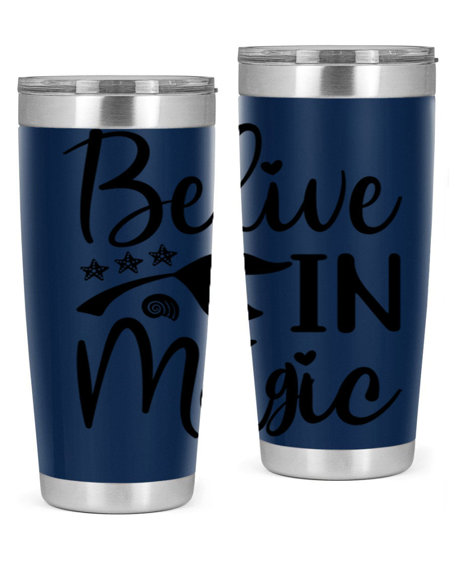 Belive in Magic Design 66# Mermaid Tumbler featuring a vibrant mermaid design, double wall vacuum insulation, and a sleek stainless steel finish.