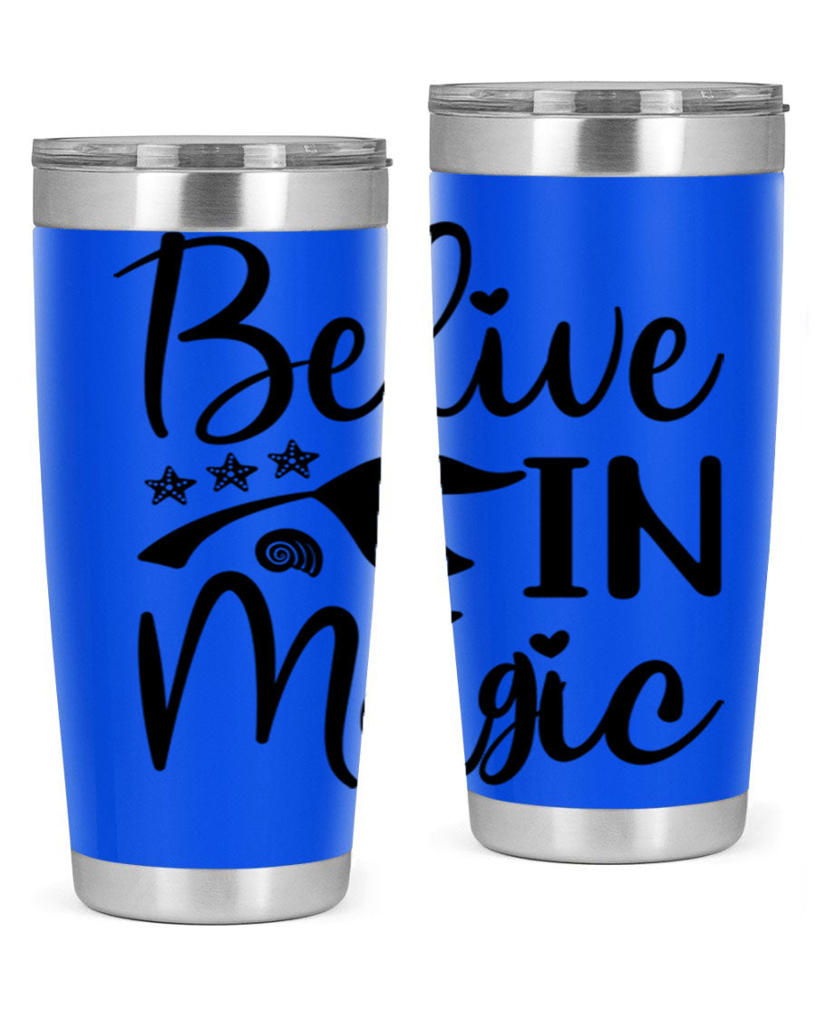 Belive in Magic Design 66# Mermaid Tumbler featuring a vibrant mermaid design, double wall vacuum insulation, and a sleek stainless steel finish.