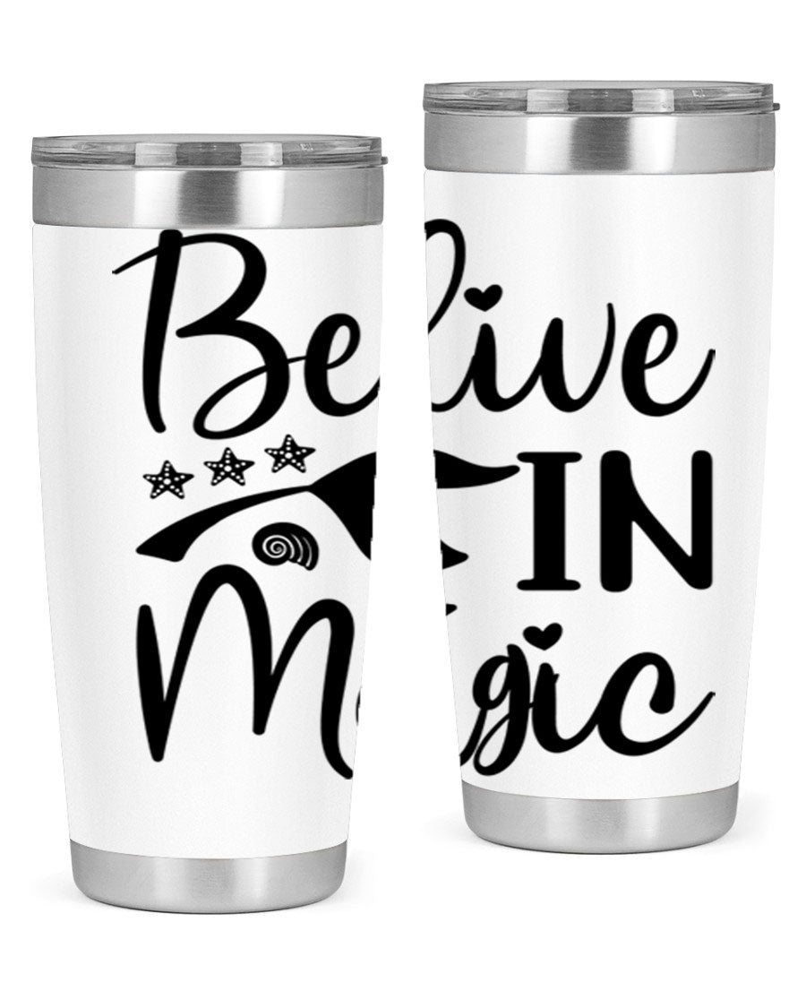 Belive in Magic Design 66# Mermaid Tumbler featuring a vibrant mermaid design, double wall vacuum insulation, and a sleek stainless steel finish.