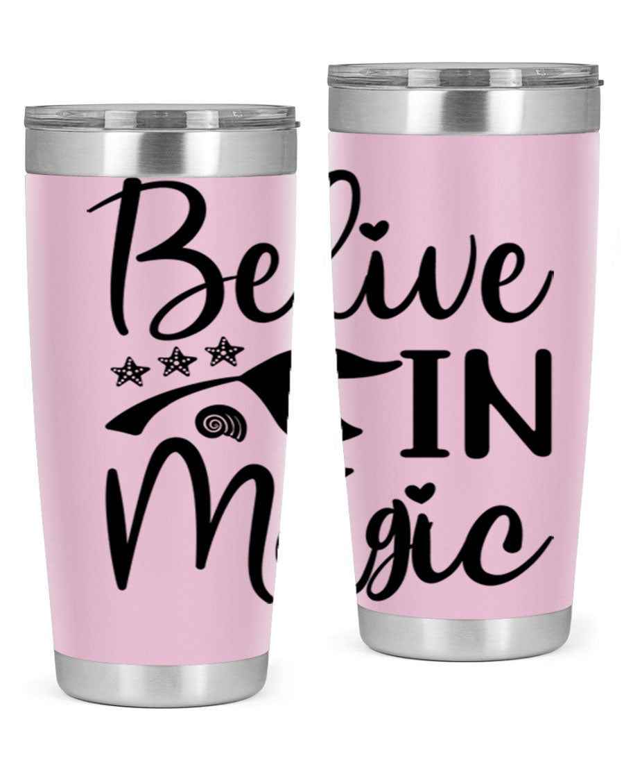 Belive in Magic Design 66# Mermaid Tumbler featuring a vibrant mermaid design, double wall vacuum insulation, and a sleek stainless steel finish.