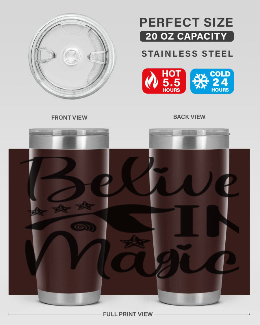 Belive in Magic Design 66# Mermaid Tumbler featuring a vibrant mermaid design, double wall vacuum insulation, and a sleek stainless steel finish.