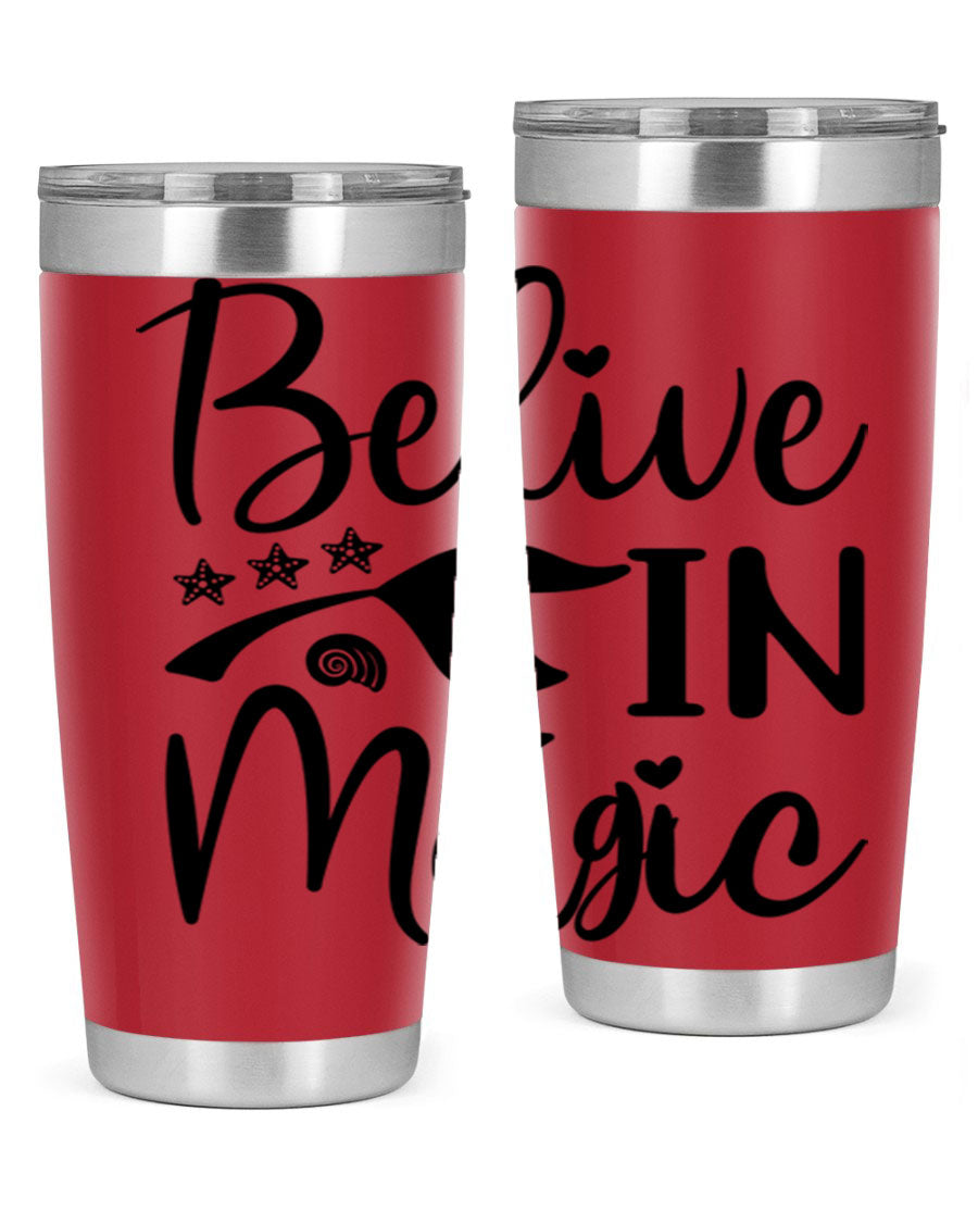 Belive in Magic Design 66# Mermaid Tumbler featuring a vibrant mermaid design, double wall vacuum insulation, and a sleek stainless steel finish.