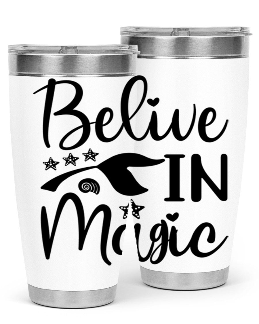 Belive in Magic Design 66# Mermaid Tumbler featuring a vibrant mermaid design, double wall vacuum insulation, and a sleek stainless steel finish.