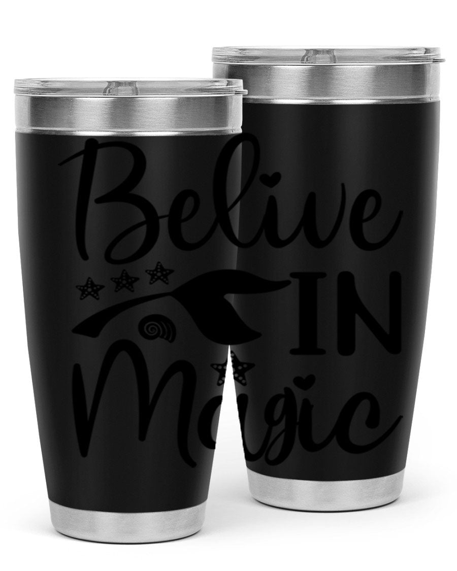 Belive in Magic Design 66# Mermaid Tumbler featuring a vibrant mermaid design, double wall vacuum insulation, and a sleek stainless steel finish.