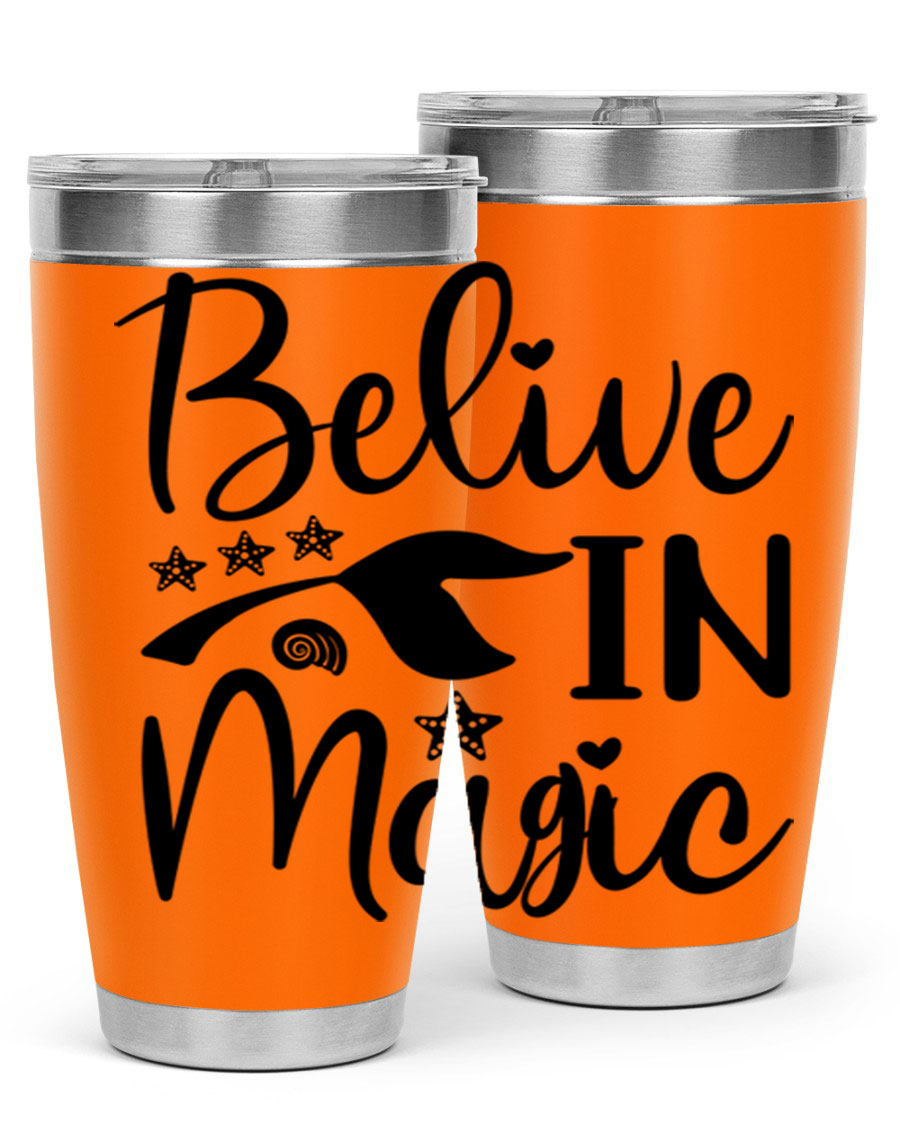 Belive in Magic Design 66# Mermaid Tumbler featuring a vibrant mermaid design, double wall vacuum insulation, and a sleek stainless steel finish.