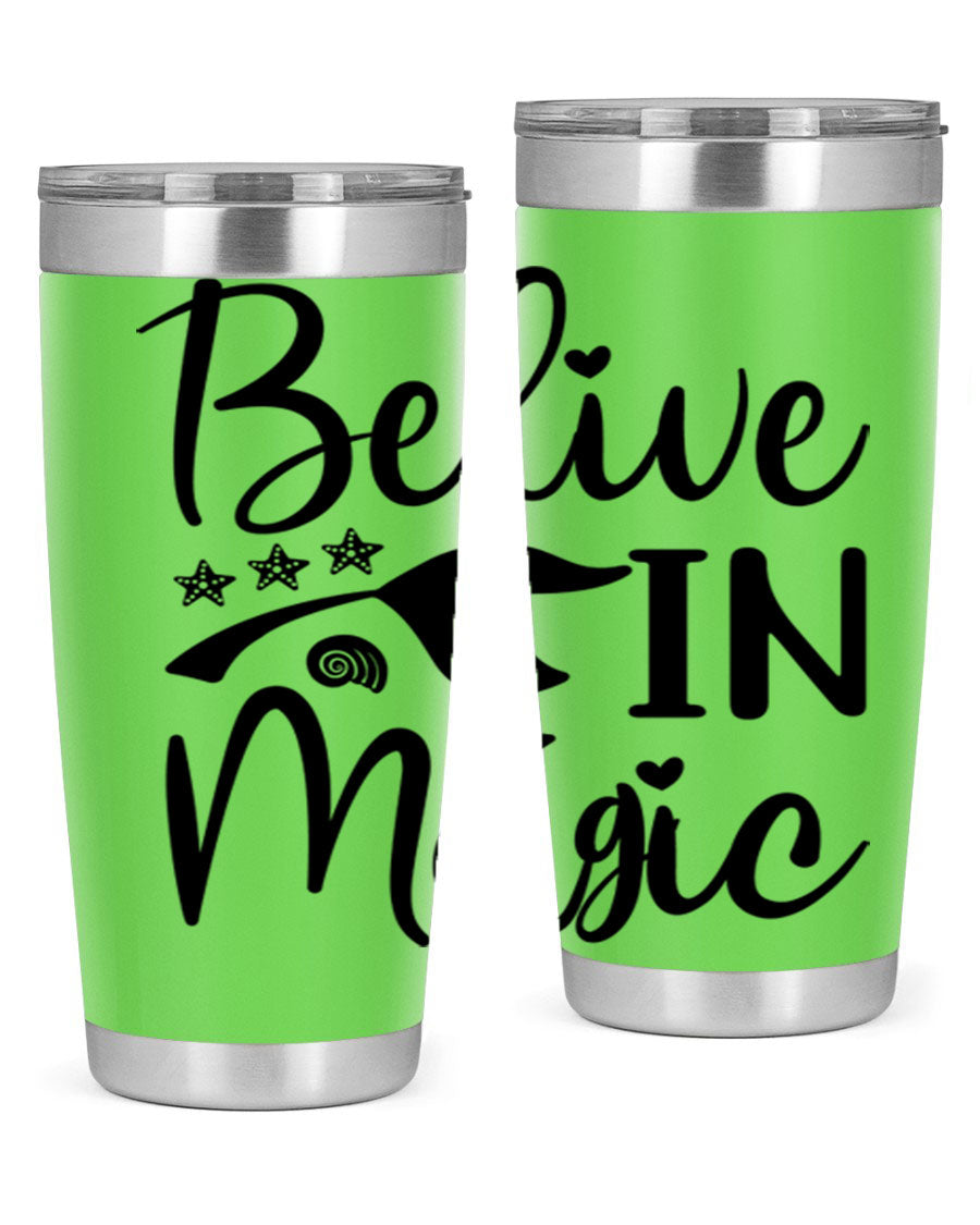 Belive in Magic Design 66# Mermaid Tumbler featuring a vibrant mermaid design, double wall vacuum insulation, and a sleek stainless steel finish.