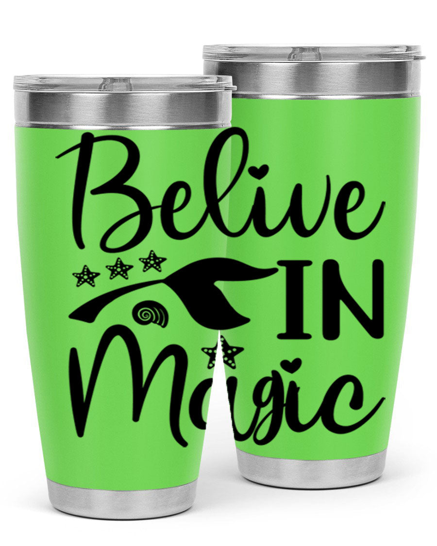 Belive in Magic Design 66# Mermaid Tumbler featuring a vibrant mermaid design, double wall vacuum insulation, and a sleek stainless steel finish.