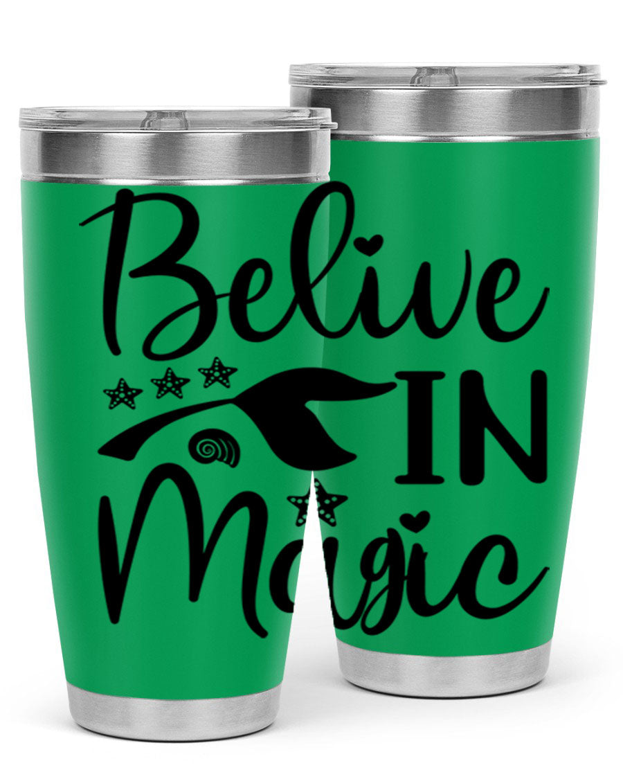 Belive in Magic Design 66# Mermaid Tumbler featuring a vibrant mermaid design, double wall vacuum insulation, and a sleek stainless steel finish.