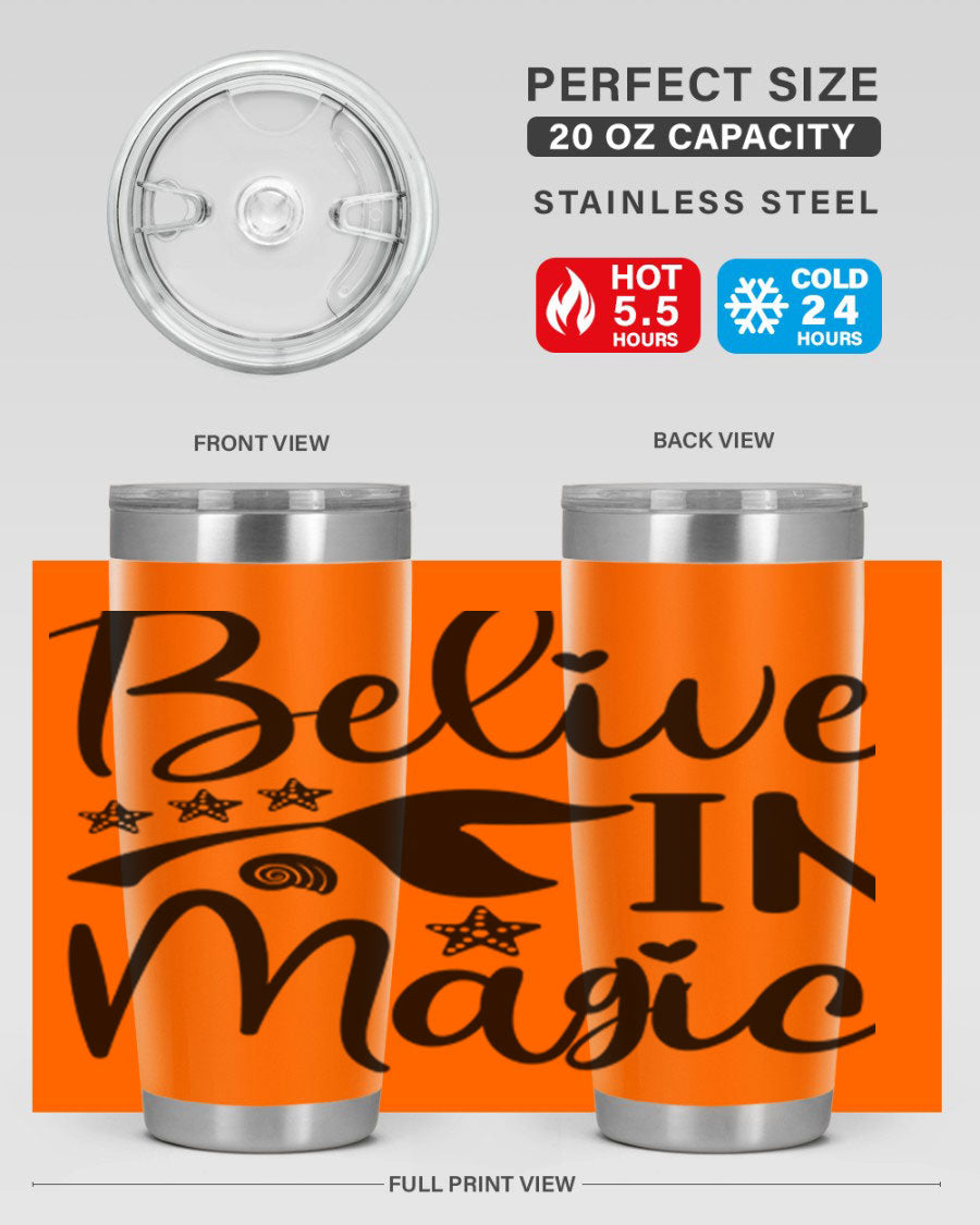 Belive in Magic Design 66# Mermaid Tumbler featuring a vibrant mermaid design, double wall vacuum insulation, and a sleek stainless steel finish.