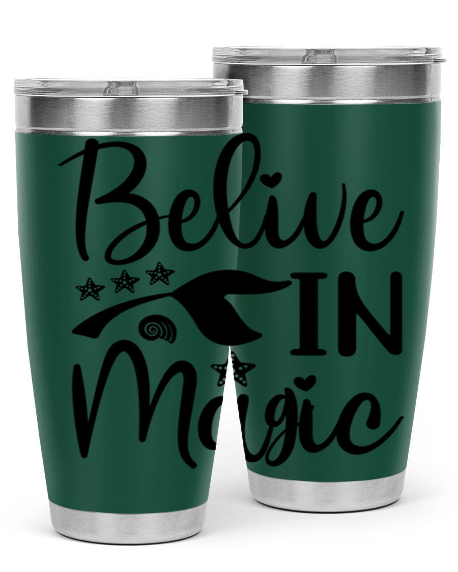 Belive in Magic Design 66# Mermaid Tumbler featuring a vibrant mermaid design, double wall vacuum insulation, and a sleek stainless steel finish.