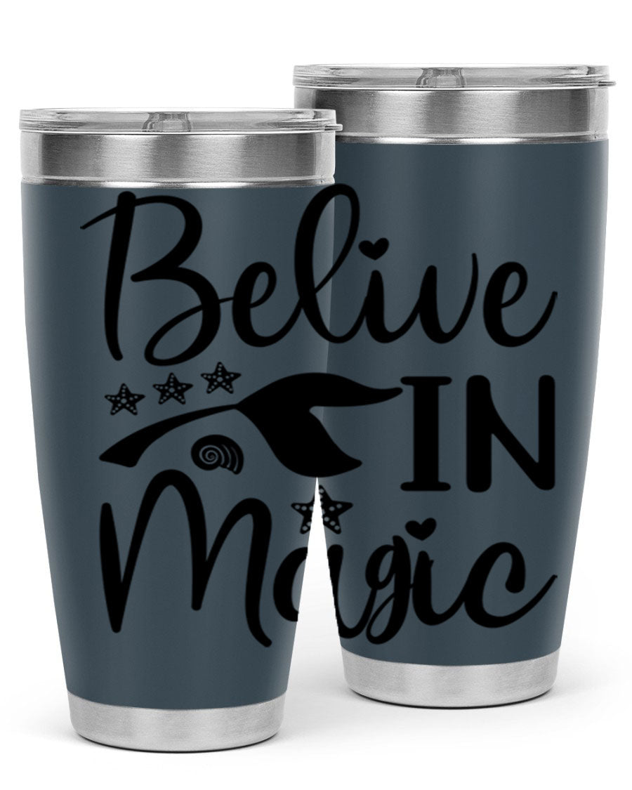 Belive in Magic Design 66# Mermaid Tumbler featuring a vibrant mermaid design, double wall vacuum insulation, and a sleek stainless steel finish.