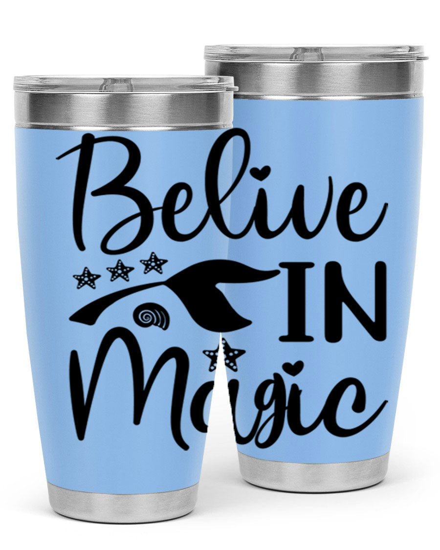 Belive in Magic Design 66# Mermaid Tumbler featuring a vibrant mermaid design, double wall vacuum insulation, and a sleek stainless steel finish.