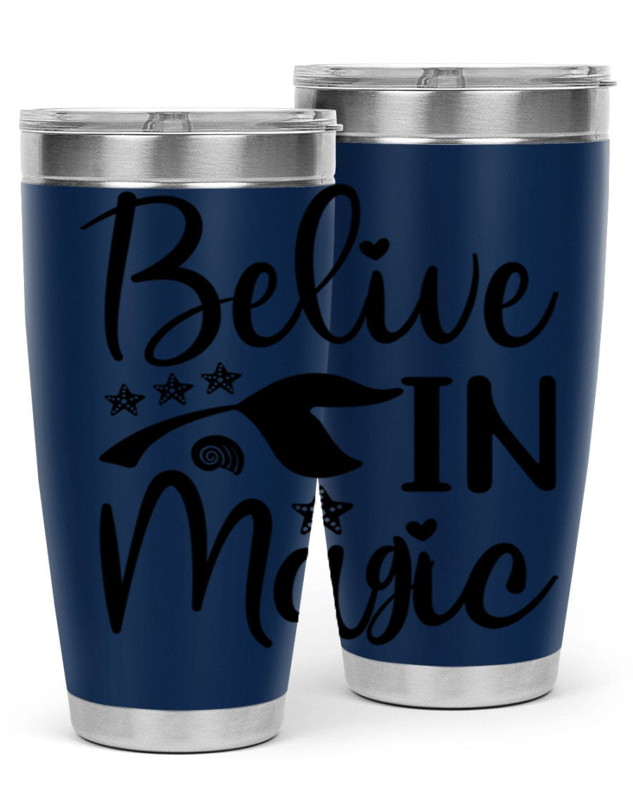 Belive in Magic Design 66# Mermaid Tumbler featuring a vibrant mermaid design, double wall vacuum insulation, and a sleek stainless steel finish.