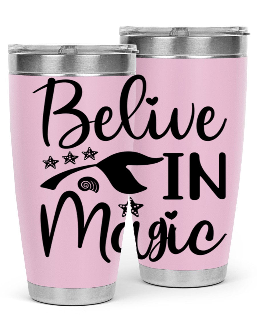 Belive in Magic Design 66# Mermaid Tumbler featuring a vibrant mermaid design, double wall vacuum insulation, and a sleek stainless steel finish.