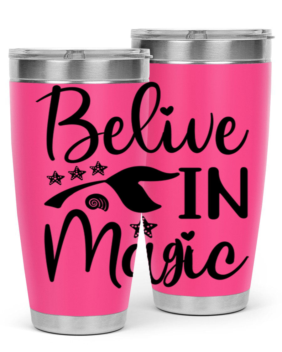 Belive in Magic Design 66# Mermaid Tumbler featuring a vibrant mermaid design, double wall vacuum insulation, and a sleek stainless steel finish.