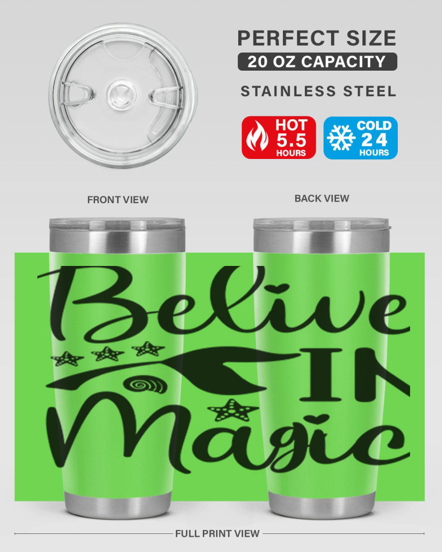 Belive in Magic Design 66# Mermaid Tumbler featuring a vibrant mermaid design, double wall vacuum insulation, and a sleek stainless steel finish.