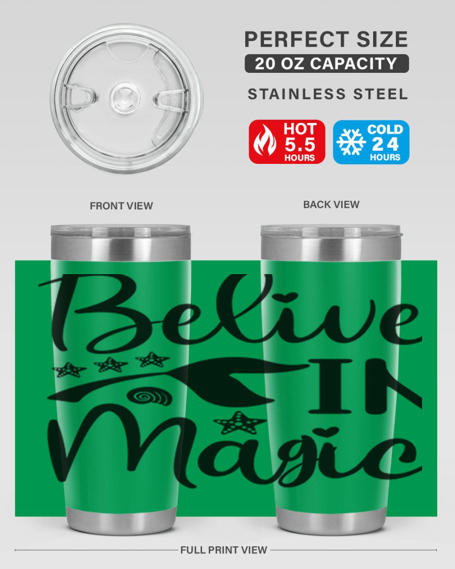 Belive in Magic Design 66# Mermaid Tumbler featuring a vibrant mermaid design, double wall vacuum insulation, and a sleek stainless steel finish.