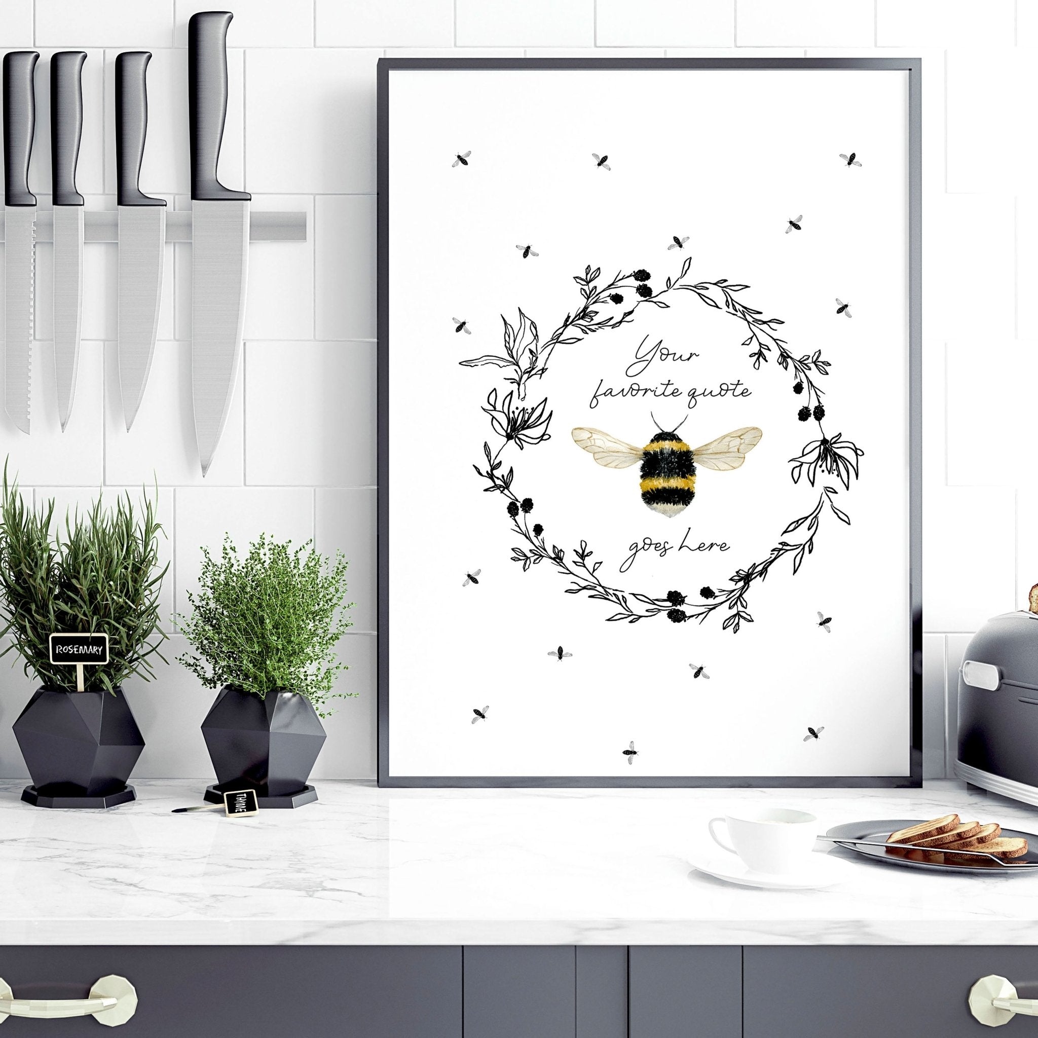 A vibrant bees wall art print featuring bees flying around a colorful floral wreath, perfect for kitchen decor.