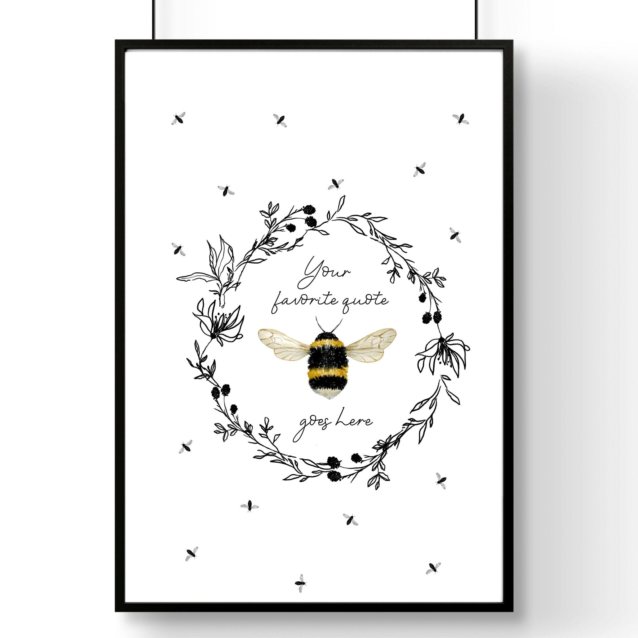 A vibrant bees wall art print featuring bees flying around a colorful floral wreath, perfect for kitchen decor.