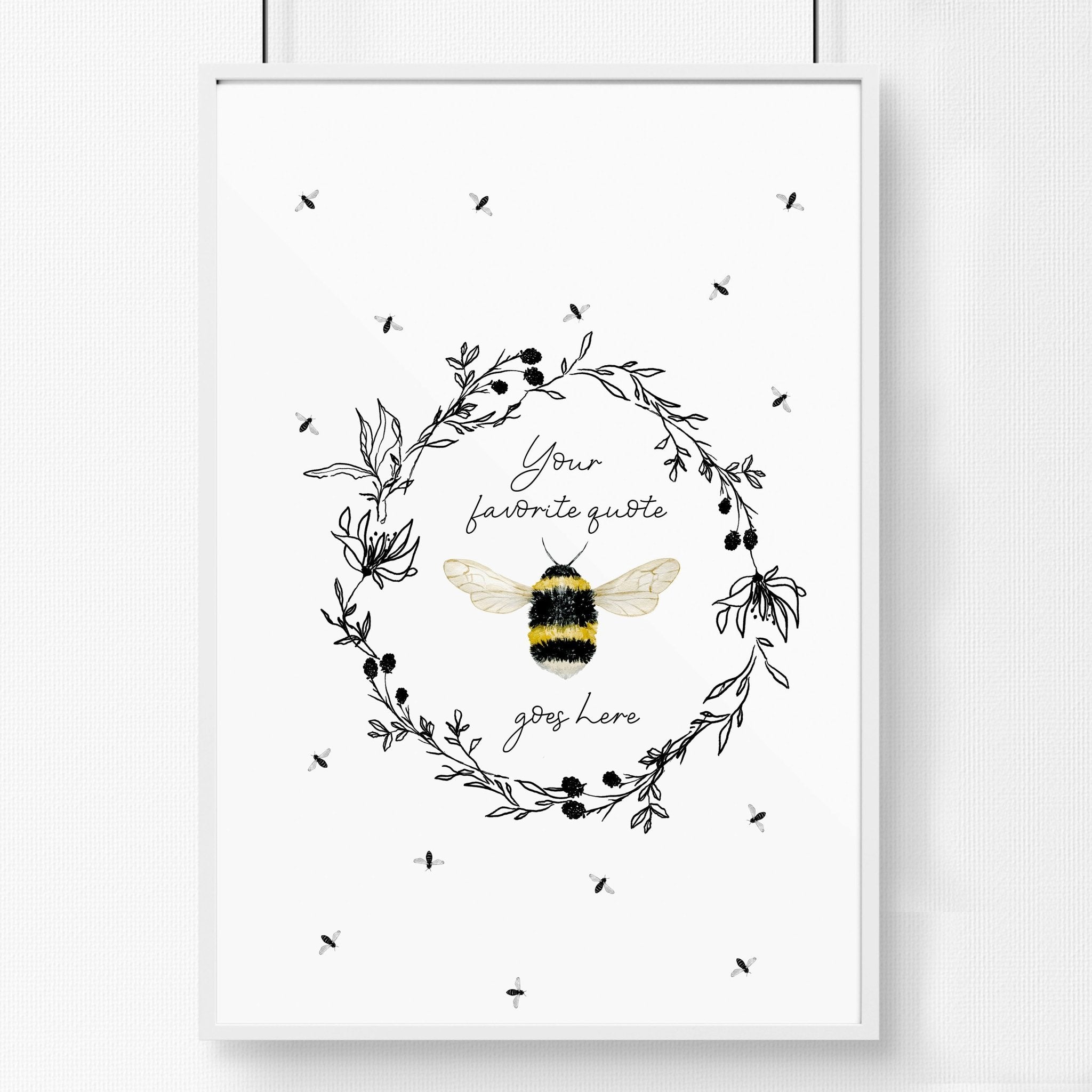 A vibrant bees wall art print featuring bees flying around a colorful floral wreath, perfect for kitchen decor.