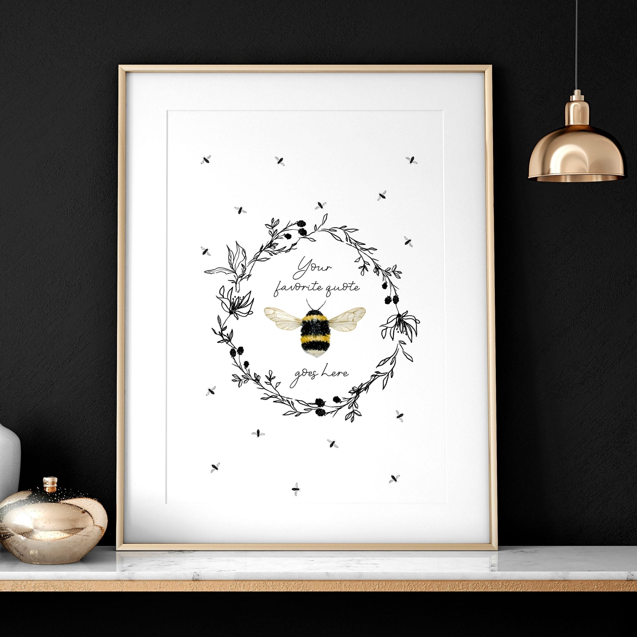 A vibrant bees wall art print featuring bees flying around a colorful floral wreath, perfect for kitchen decor.