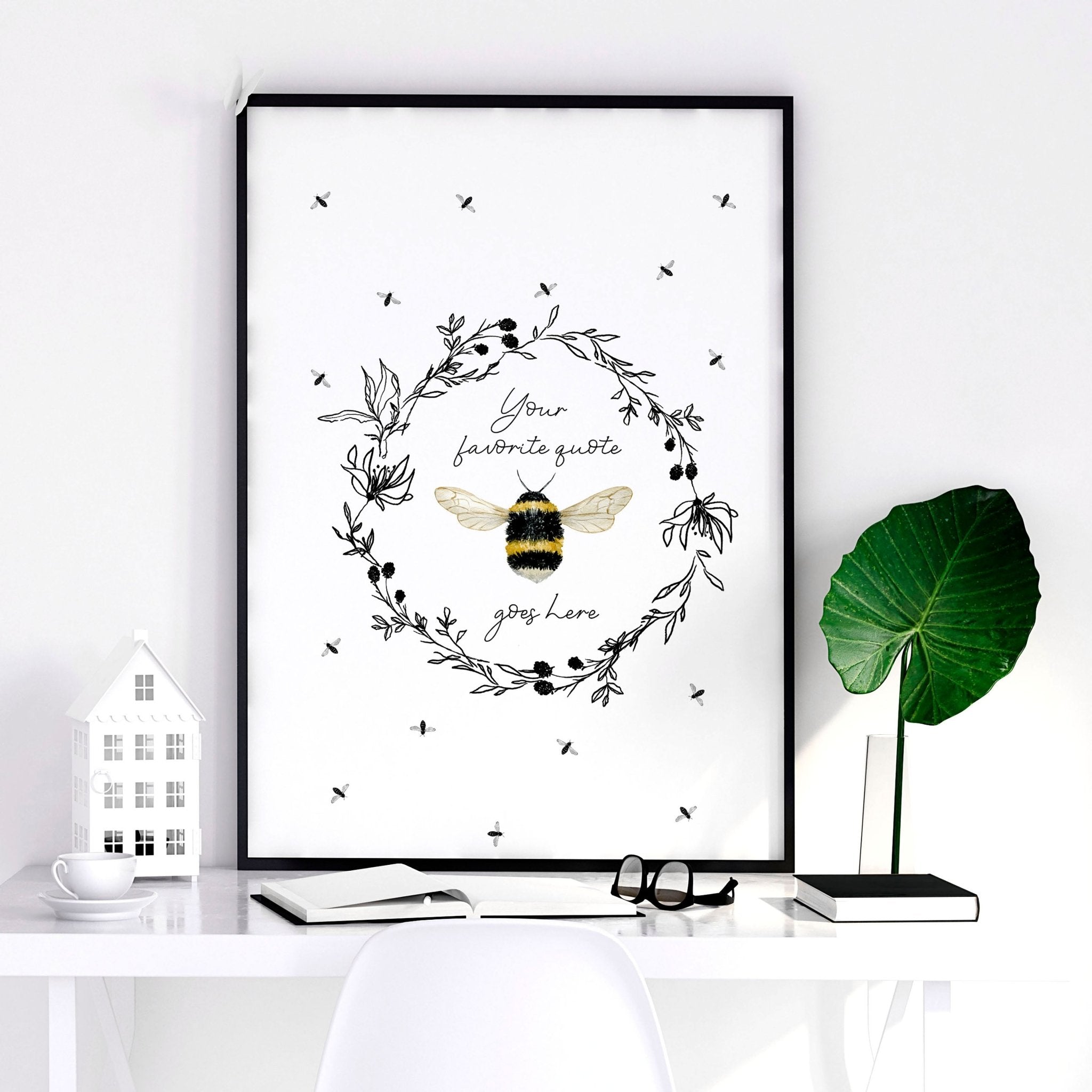 A vibrant bees wall art print featuring bees flying around a colorful floral wreath, perfect for kitchen decor.