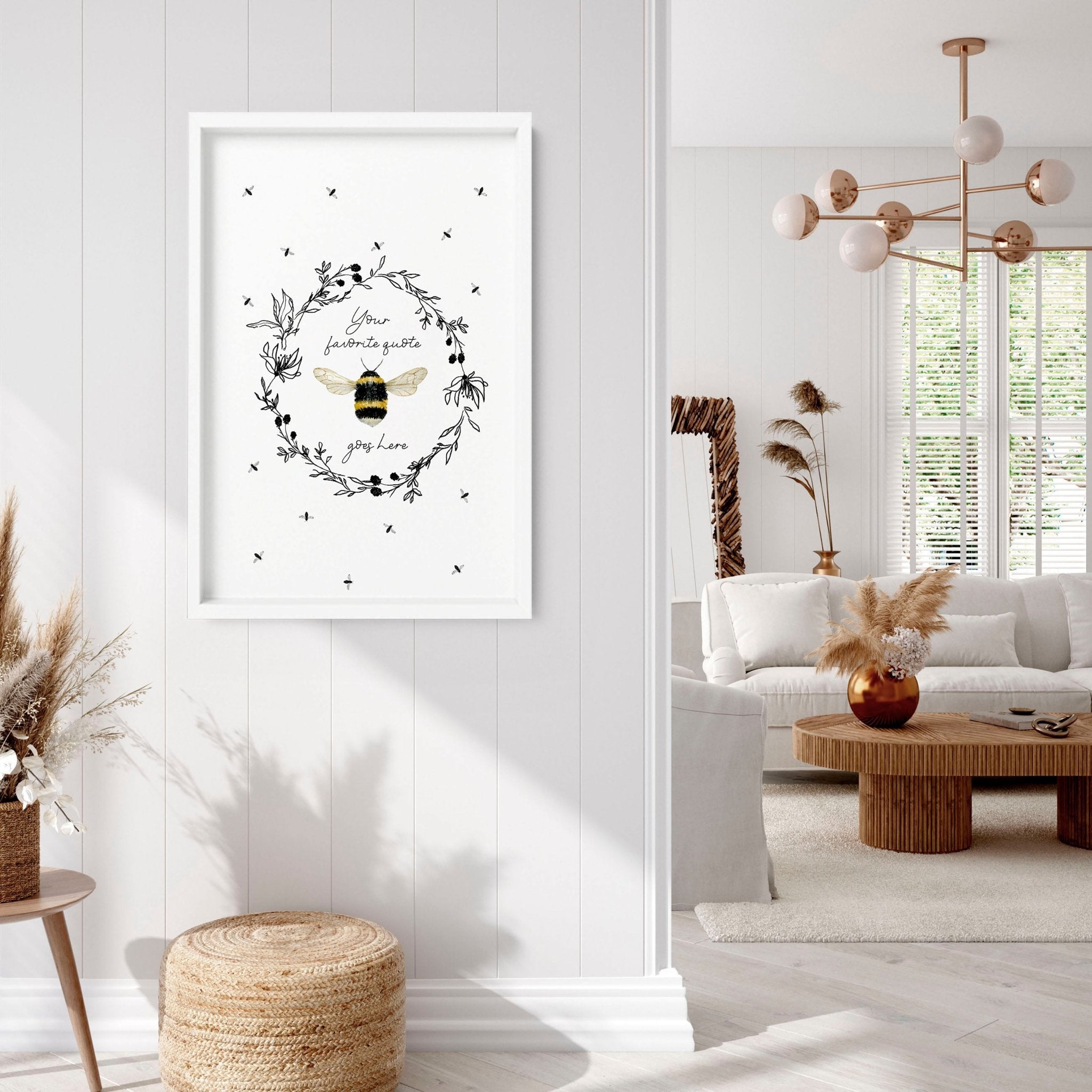 A vibrant bees wall art print featuring bees flying around a colorful floral wreath, perfect for kitchen decor.