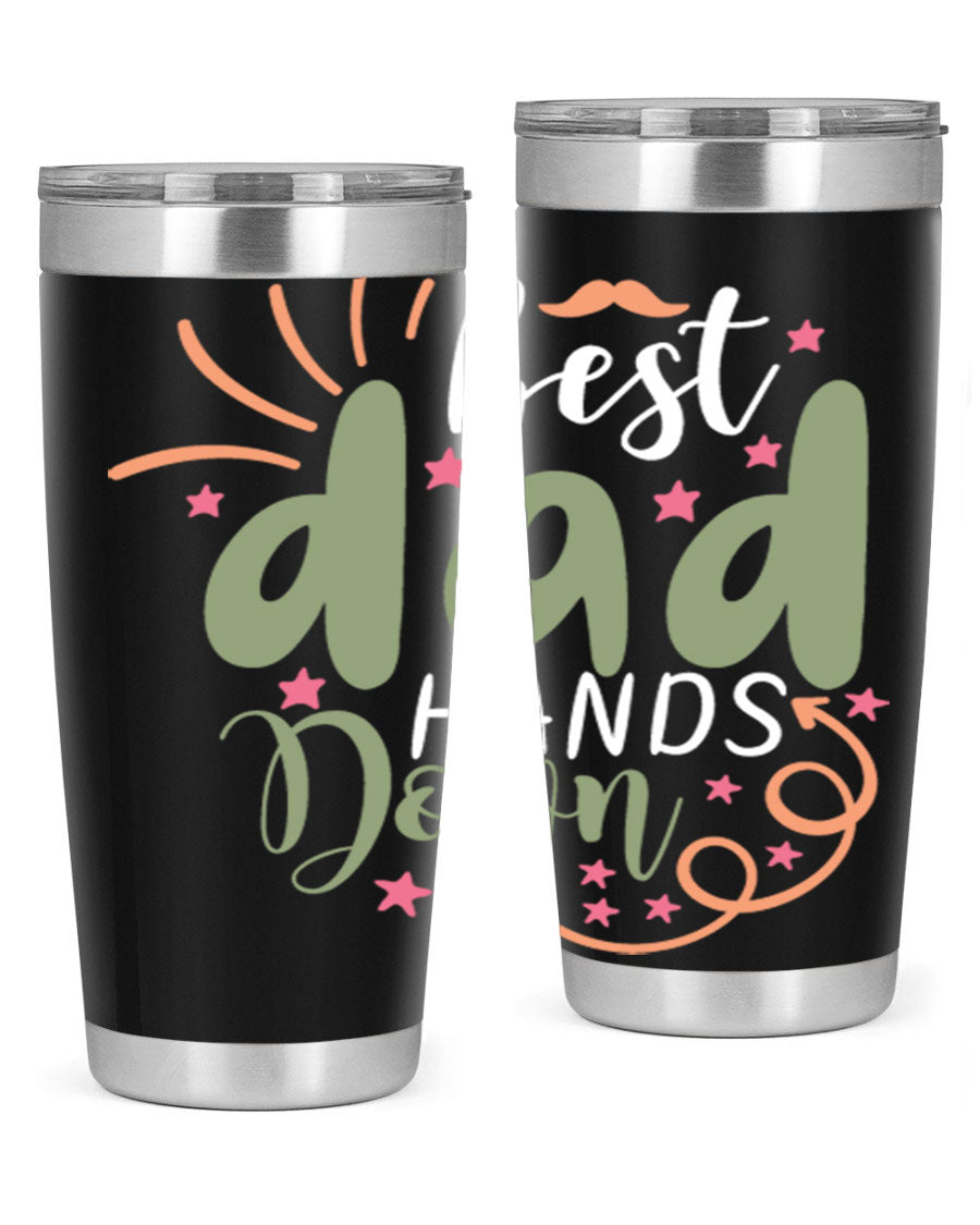 Best Dad Hands Down 20oz and 30oz tumblers made of stainless steel with a stylish design, perfect for hot and cold beverages.