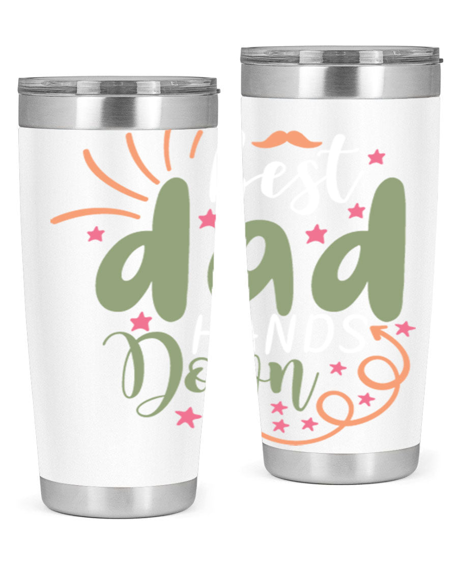 Best Dad Hands Down 20oz and 30oz tumblers made of stainless steel with a stylish design, perfect for hot and cold beverages.