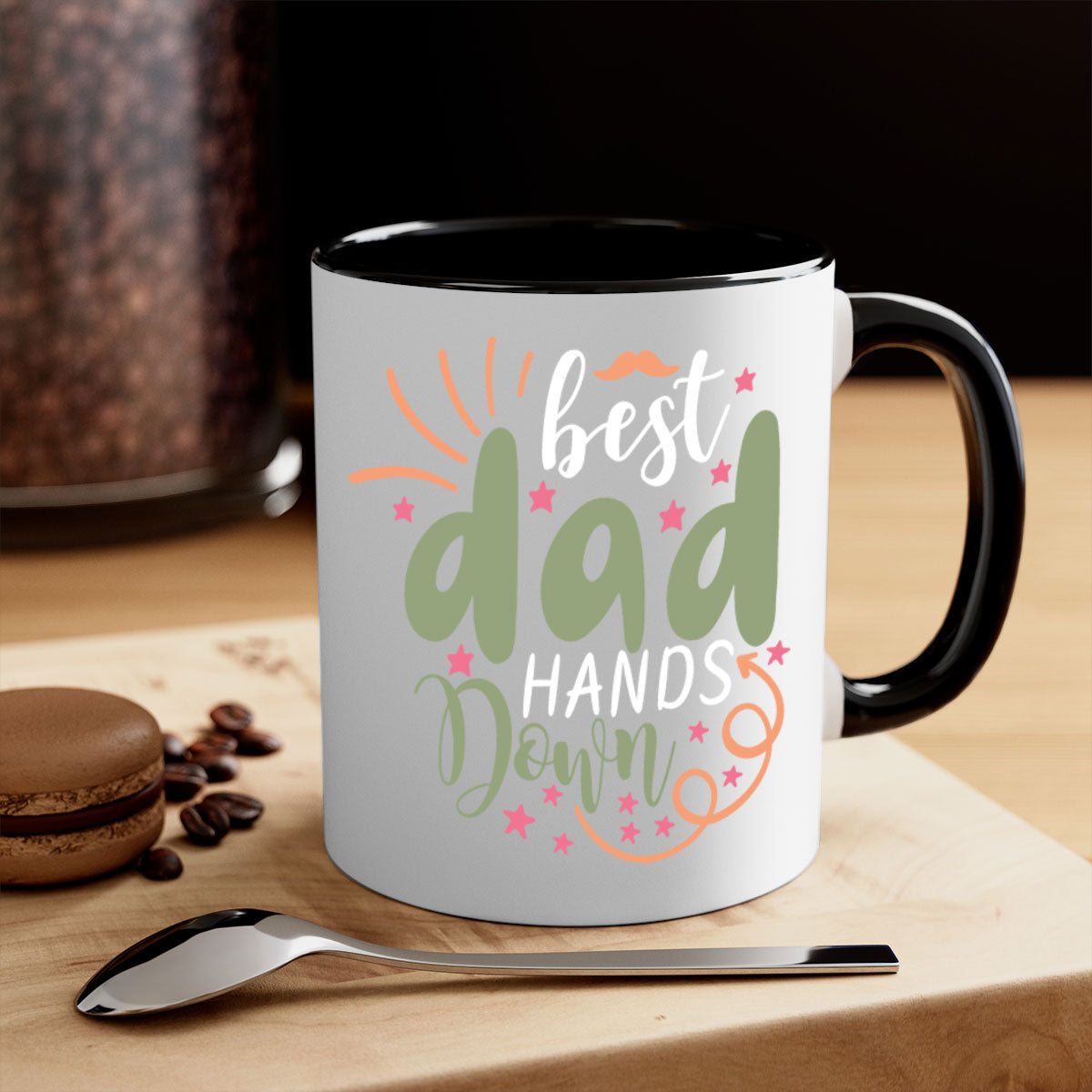 Best Dad Hands Down Mug with colorful handle and interior, showcasing a glossy finish.