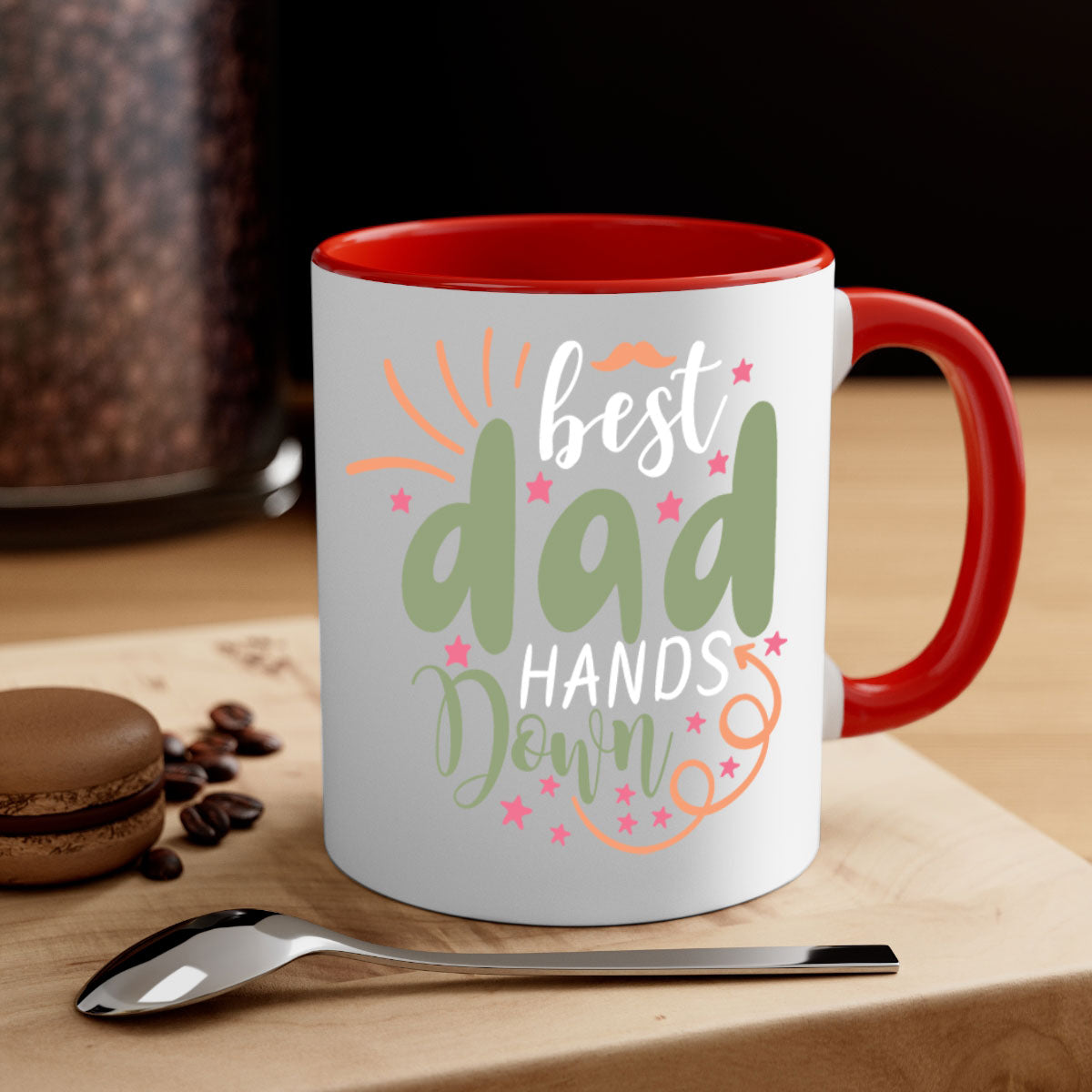 Best Dad Hands Down Mug with colorful handle and interior, showcasing a glossy finish.