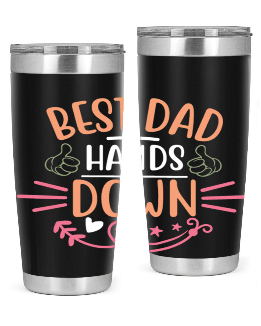 Best Dad Hands Down tumbler in 20oz and 30oz sizes, made of stainless steel with a drink-thru lid, perfect for Father's Day gifts.