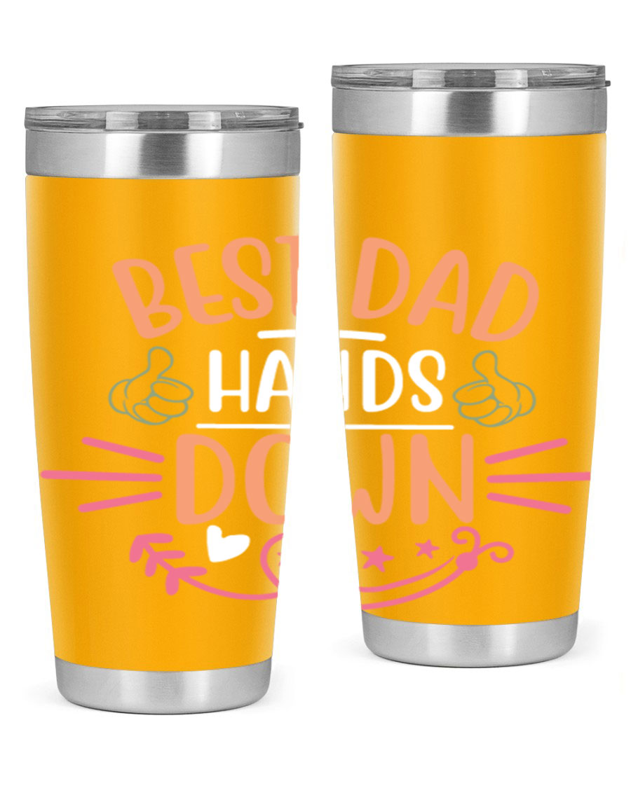 Best Dad Hands Down tumbler in 20oz and 30oz sizes, made of stainless steel with a drink-thru lid, perfect for Father's Day gifts.