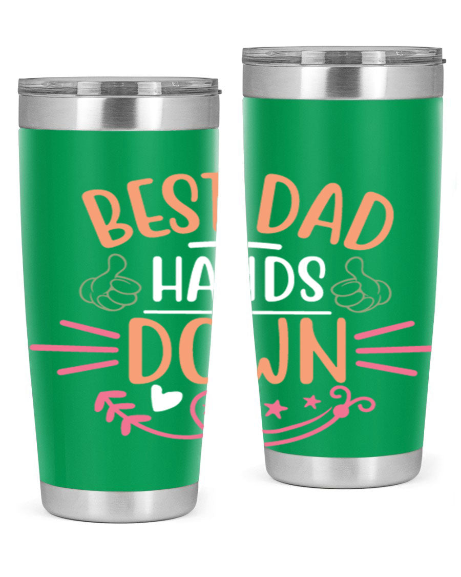 Best Dad Hands Down tumbler in 20oz and 30oz sizes, made of stainless steel with a drink-thru lid, perfect for Father's Day gifts.