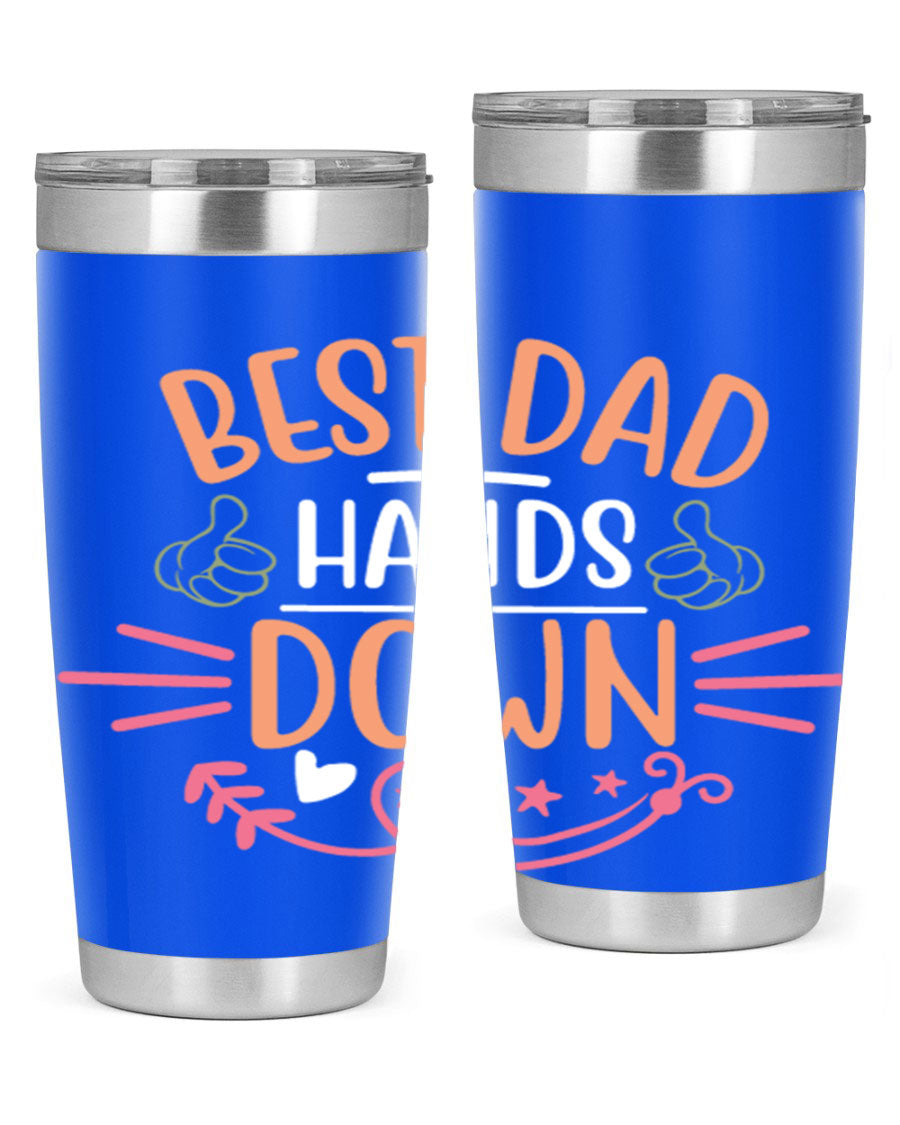 Best Dad Hands Down tumbler in 20oz and 30oz sizes, made of stainless steel with a drink-thru lid, perfect for Father's Day gifts.