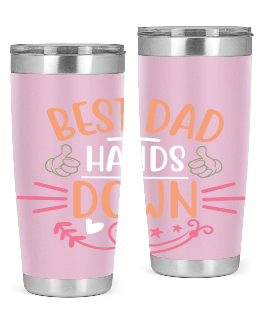 Best Dad Hands Down tumbler in 20oz and 30oz sizes, made of stainless steel with a drink-thru lid, perfect for Father's Day gifts.