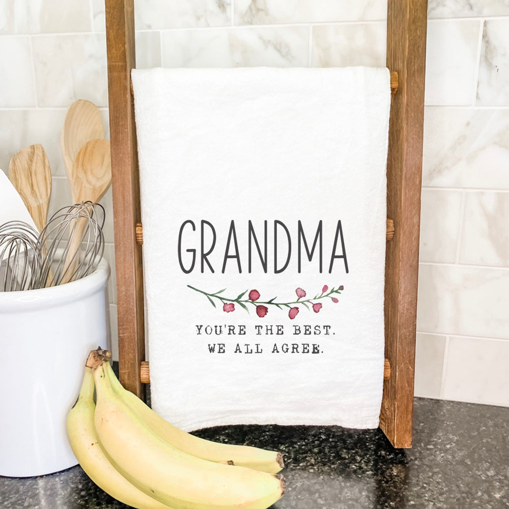 Best Grandma Cotton Tea Towel featuring vibrant design and hemmed edges, perfect for kitchen use.